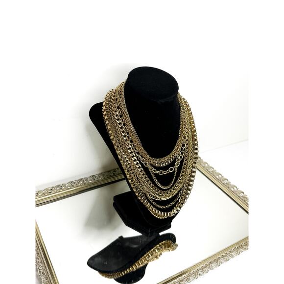 Unsigned Gold Tone Collar Bib Necklace Large Chain Link Multilayer - Picture 1 of 7